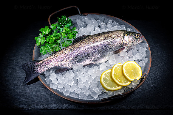 Food-Fotografie, frische Regenbogenforelle