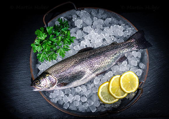 Food-Fotografie, frische Regenbogenforelle