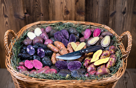 Food-Fotografie, Erdäpfel, buntfleischige und alte Sorten
