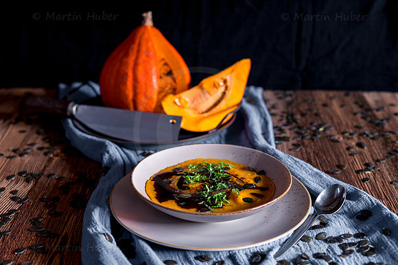 Food-Fotografie, Hokkaido-Kürbis, Kürbissuppe