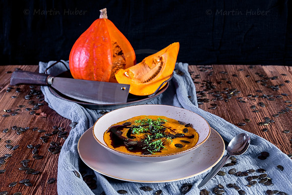 Food-Fotografie, Hokkaido-Kürbis, Kürbissuppe