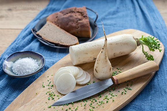 Food-Fotografie, weißer Rettich, Brotzeit