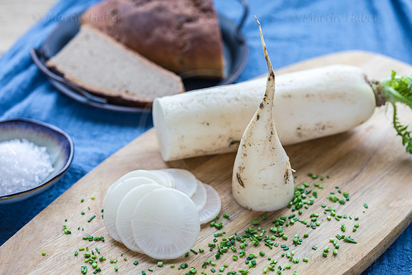 Food-Fotografie, weißer Rettich, Brotzeit